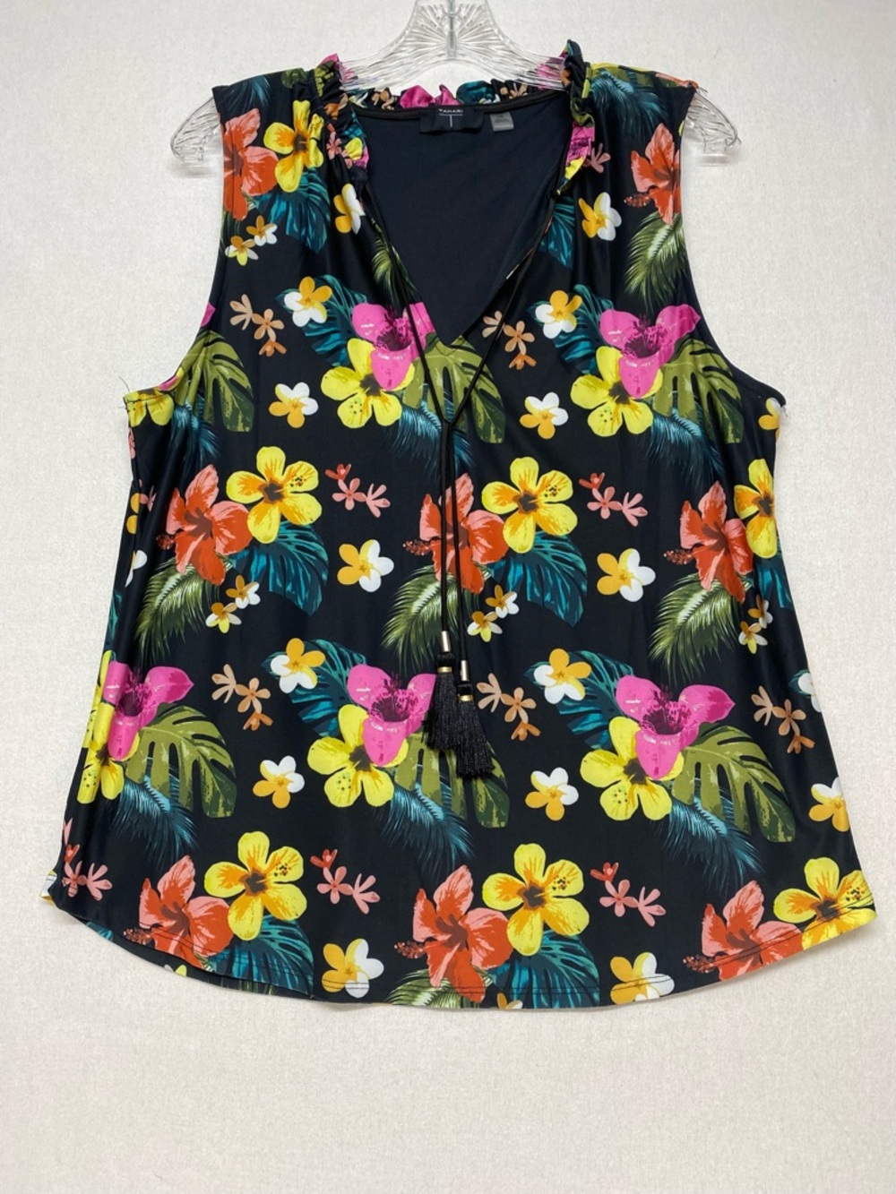 Tahari Black Tropical Floral Print Tassel Tie V-Neck Sleeveless L Top Coastal